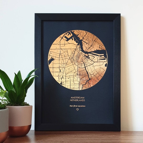 A4 Custom Foil Round Map Print, Any Location Personalised Copper, Gold, Silver or Rose Gold Foil Map Print