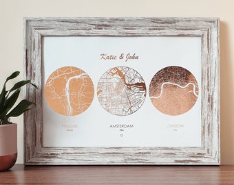 A4 Met Engaged Married Foil Map Print, Custom Multi Location Wedding Anniversary Personalised Print in Copper, Gold, Silver or Rose Gold