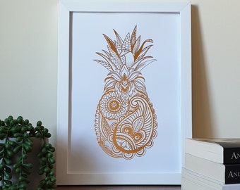 A4 Metallic Foil Pineapple Wall Art, Boho Print in Copper, Gold, Silver, Rose Gold Foil