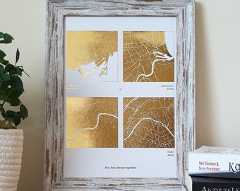 A4 Any Four Locations Metallic Map Print, Custom Multi Location Foil Map Personalised Print in Copper, Gold, Silver or Rose Gold