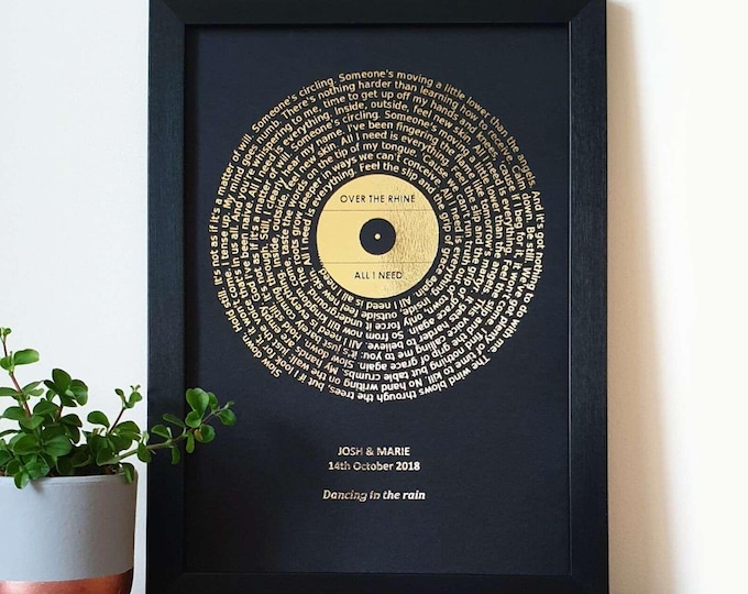 A4 Custom Foil Metallic Song Lyrics Art, Favourite Song Personalised Metallic Foil Lyric Print, Record Print