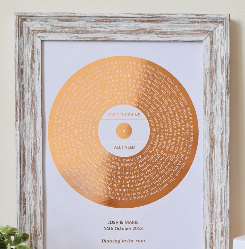 A4 Custom Foil Metallic Song Lyrics Art, Favourite Song Personalised Copper, Silver, Gold or Rose Gold Foil Lyric Print, Record Print image 5