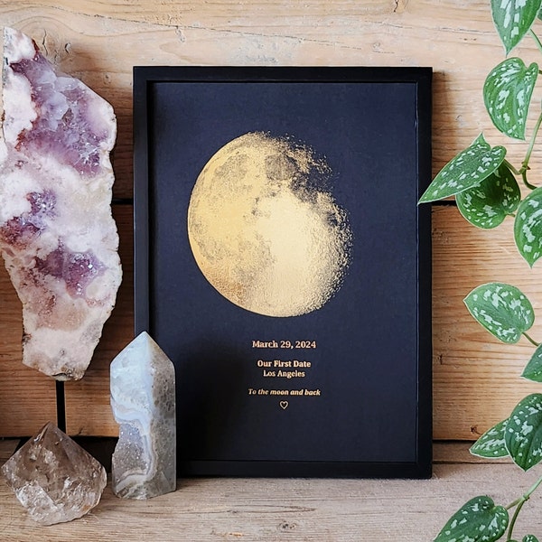 A4 Custom Foil Moon Phase Print by Date, Personalised Copper, Gold or Rose Gold Foil, Sky on Anniversary, Birthday, Wedding, Occasion