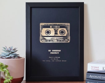 A4 Custom Foil Metallic Song Cassette Art, Favourite Song Personalised Copper, Silver, Gold or Rose Gold Foil Lyric Print, Record Print
