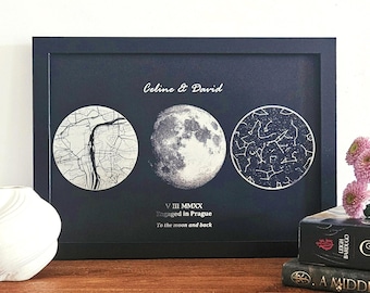 A4 Custom Foil Map, Star and Moon Phase Print by Date, Personalised Foil, Sky on Anniversary, Birthday, Wedding, Occasion