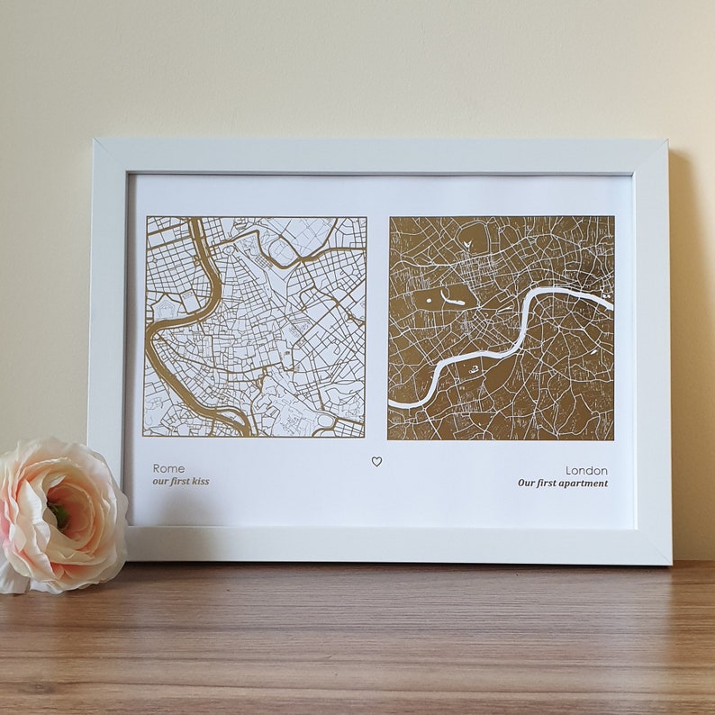 A4 Any Two Locations Metallic Map Print Custom Multi Location - Etsy UK