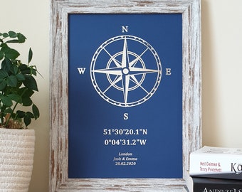 A4 Custom Foil Compass & Coordinates Print, Any Location Personalised Copper, Gold, Silver or Rose Gold Foil Print