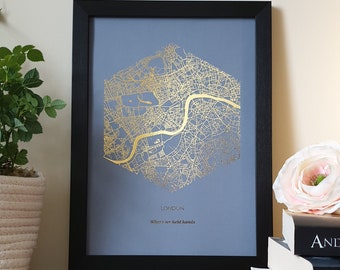 A4 Custom Foil Polygon Map Print, Any Location Personalised Copper, Gold, Silver or Rose Gold Foil Map Print
