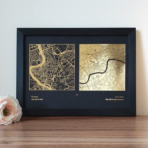 A4 metallic kaartprint met twee locaties, aangepaste foliekaart met meerdere locaties, gepersonaliseerde print in koper, goud, zilver of roségoud