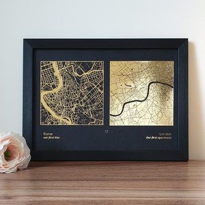 A4 Any Two Locations Metallic Map Print, Custom Multi Location Foil Map Personalised Print in Copper, Gold, Silver or Rose Gold