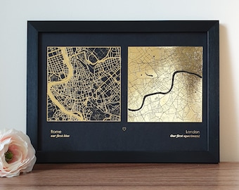 A4 Any Two Locations Metallic Map Print, Custom Multi Location Foil Map Personalised Print in Copper, Gold, Silver or Rose Gold