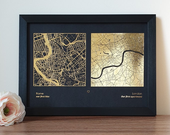 A4 Any Two Locations Metallic Map Print Custom Multi Location - Etsy