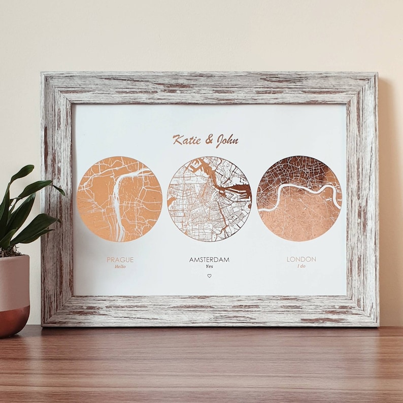 A4 Met Engaged Married Foil Map Print, Custom Multi Location Wedding Anniversary Personalised Print in Copper, Gold, Silver or Rose Gold image 2