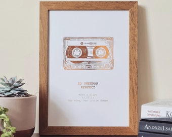 A4 Custom Foil Metallic Song Cassette Art, Favourite Song Personalised Copper, Silver, Gold or Rose Gold Foil Lyric Print, Record Print