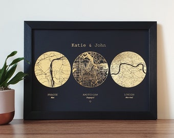 A4 Met Engaged Married Foil Map Print, Custom Multi Location Wedding Anniversary Personalised Print in Copper, Gold, Silver or Rose Gold