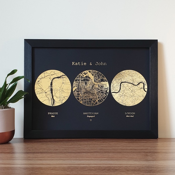 A4 Met Comprometido Casado Impresión de mapa de lámina, impresión personalizada de aniversario de boda en múltiples ubicaciones en cobre, oro, plata u oro rosa