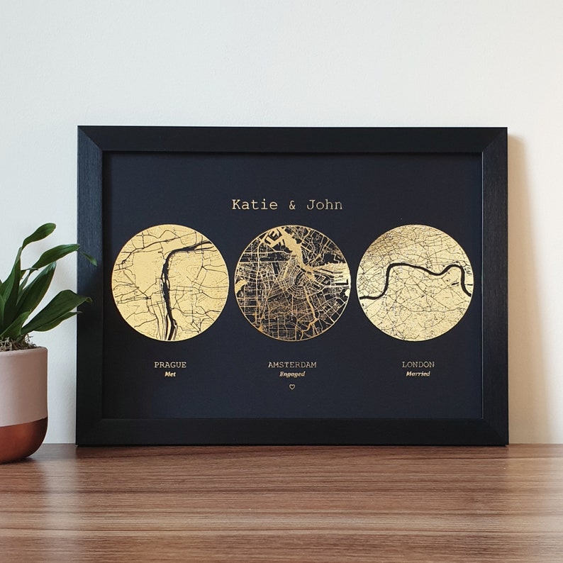 A4 Met Engaged Married Foil Map Print Custom Multi Location image 1