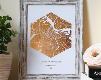 A4 Custom Foil Polygon Map Print, Any Location Personalised Copper, Gold, Silver or Rose Gold Foil Map Print
