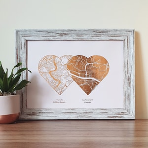 A4 Beliebige Zwei Orte Metallic Herz Karte Druck, Benutzerdefinierte Multi Lage Folie Karte Personalisierter Druck in Kupfer, Gold, Silber oder Roségold