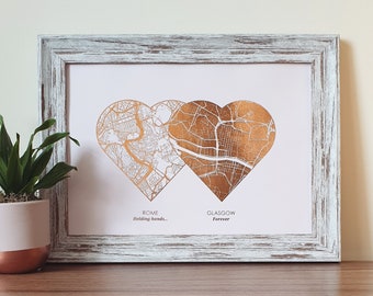 A4 Any Two Locations Metallic Heart Map Print, Custom Multi Location Foil Map Personalised Print in Copper, Gold, Silver or Rose Gold