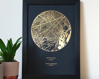 A4 Custom Foil Round Map Print of Any Location, Personalised Copper, Gold or Rose Gold Foil Print