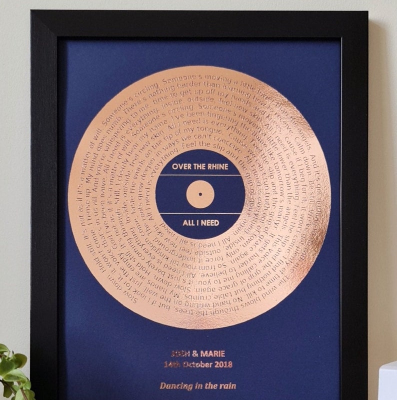 A4 Custom Foil Metallic Song Lyrics Art, Favourite Song Personalised Copper, Silver, Gold or Rose Gold Foil Lyric Print, Record Print image 3