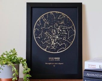 A4 Custom Foil Star Map Print of Any Location Any Date, Personalised Copper, Gold or Rose Gold Foil Celestial Map by date