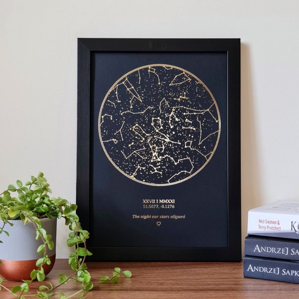 A4 Custom Foil Star Map Print of Any Location Any Date, Personalised Copper, Gold or Rose Gold Foil Celestial Map by date