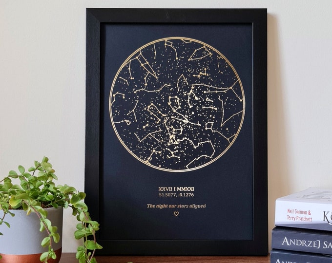 A4 Custom Foil Star Map Print of Any Location Any Date, Personalised Copper, Gold or Rose Gold Foil Celestial Map by date