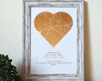 Mother's Day A4 Custom Metallic Foil Heart Shaped Map Print, Any Location Foil Map Personalised Copper, Silver, Gold or Rose Gold Print