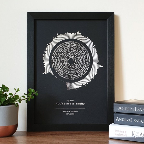 A4カスタムホイルメタリックサウンドウェーブと歌詞ソングアート、お気に入りの曲をパーソナライズした銅、銀、金、またはローズゴールドのサウンドウェーブホイルプリント