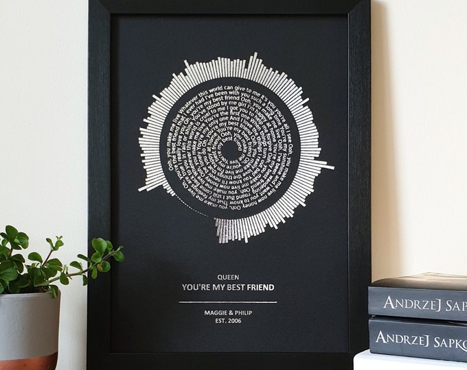 A4 Custom Foil Metallic Soundwave and Lyrics Song Art, Favourite Song Personalised Copper, Silver, Gold or Rose Gold Sound Wave Foil Print