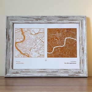 A4 Any Two Locations Metallic Map Print, Custom Multi Location Foil Map Personalised Print in ...