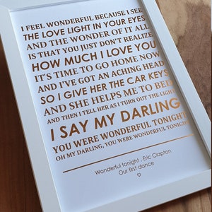 A4 Metallic Foil Song Lyrics Wall Art, Personalised Print with Wedding First Dance, Favourite Song in Copper, Gold, Silver or Rose Gold Foil