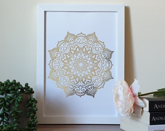 A4 Metallic Foil Mandala Wall Art, Boho Print in Copper, Gold, Silver or Rose Gold Foil