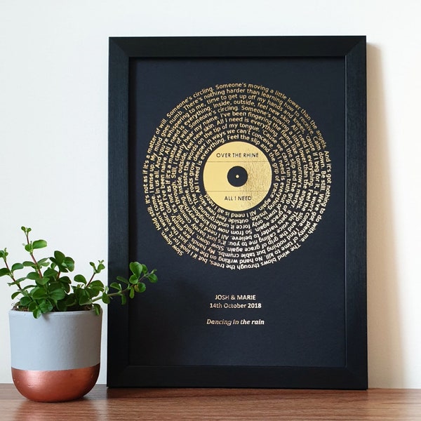 A4 Arte de letras de canciones de lámina metálica personalizada, canción favorita Impresión lírica personalizada de cobre, plata, oro o oro rosa, impresión de discos