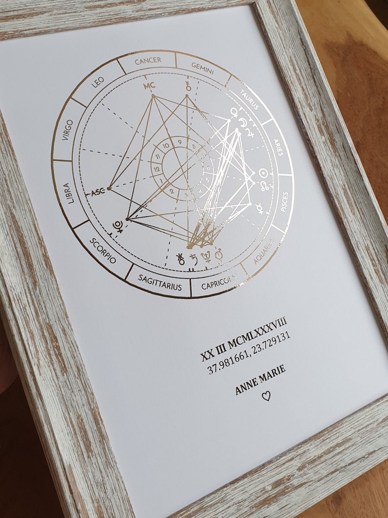Carte du ciel astrologique A4 personnalisée par date de naissance, carte du natal personnalisée feuille de cuivre, d'or ou d'or rose par date image 3