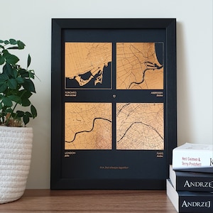 A4 Any Four Locations Metallic Map Print, Custom Multi Location Foil Map Personalised Print in Copper, Gold, Silver or Rose Gold