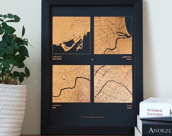 A4 Any Four Locations Metallic Map Print, Custom Multi Location Foil Map Personalised Print in Copper, Gold, Silver or Rose Gold