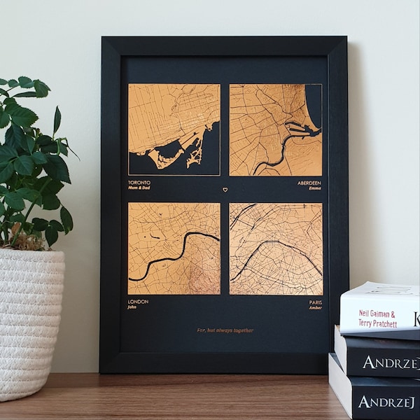 A4 Any Four Locations Metallic Map Print, Custom Multi Location Foil Map Personalised Print in Copper, Gold, Silver or Rose Gold
