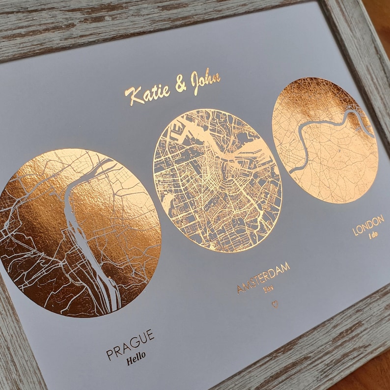 A4 Met Engaged Married Foil Map Print, Custom Multi Location Wedding Anniversary Personalised Print in Copper, Gold, Silver or Rose Gold image 3