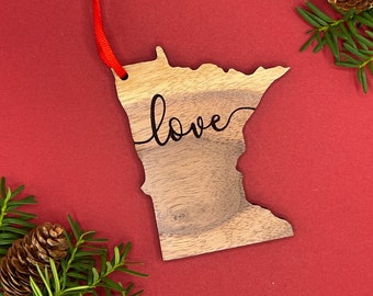 Wood Minnesota "LOVE" Christmas Ornament