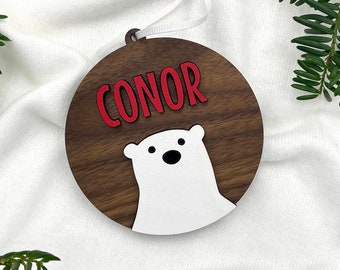 Personalized Polar Bear Wood Christmas Ornament