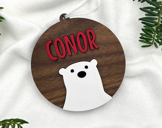 Featured listing image: Personalized Polar Bear Wood Christmas Ornament
