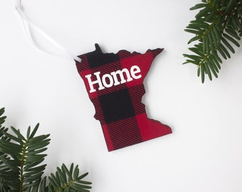 Minnesota Red/Black Buffalo Plaid "Home" Christmas Wood Ornament