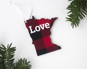 Minnesota Red/Black Buffalo Plaid "Love" Christmas Wood Ornament