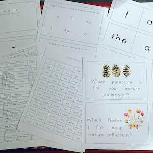 May include: A set of printable educational worksheets for children learning to read. The worksheets feature sight words, simple words, and activities like matching words and identifying objects. The worksheets include phrases like "I am a cat", "Which pinecone is for your nature collection?" and "Which flower is for your nature collection?"