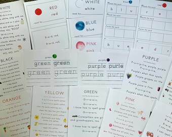 May include: A set of printable educational worksheets for learning colors and spelling. The worksheets feature colorful illustrations and text, including the words "white", "red", "blue", "green", "yellow", "orange", "pink", and "purple".