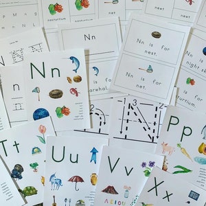 Lectores de sonidos de letras Nn-Zz, carteles, tarjetas Montessori de tres partes, escritura a mano