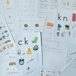 May include: A set of printable educational worksheets for children learning phonics. The worksheets feature various images and words related to the sounds "ck", "gh", "kn", "qu", and "ll".